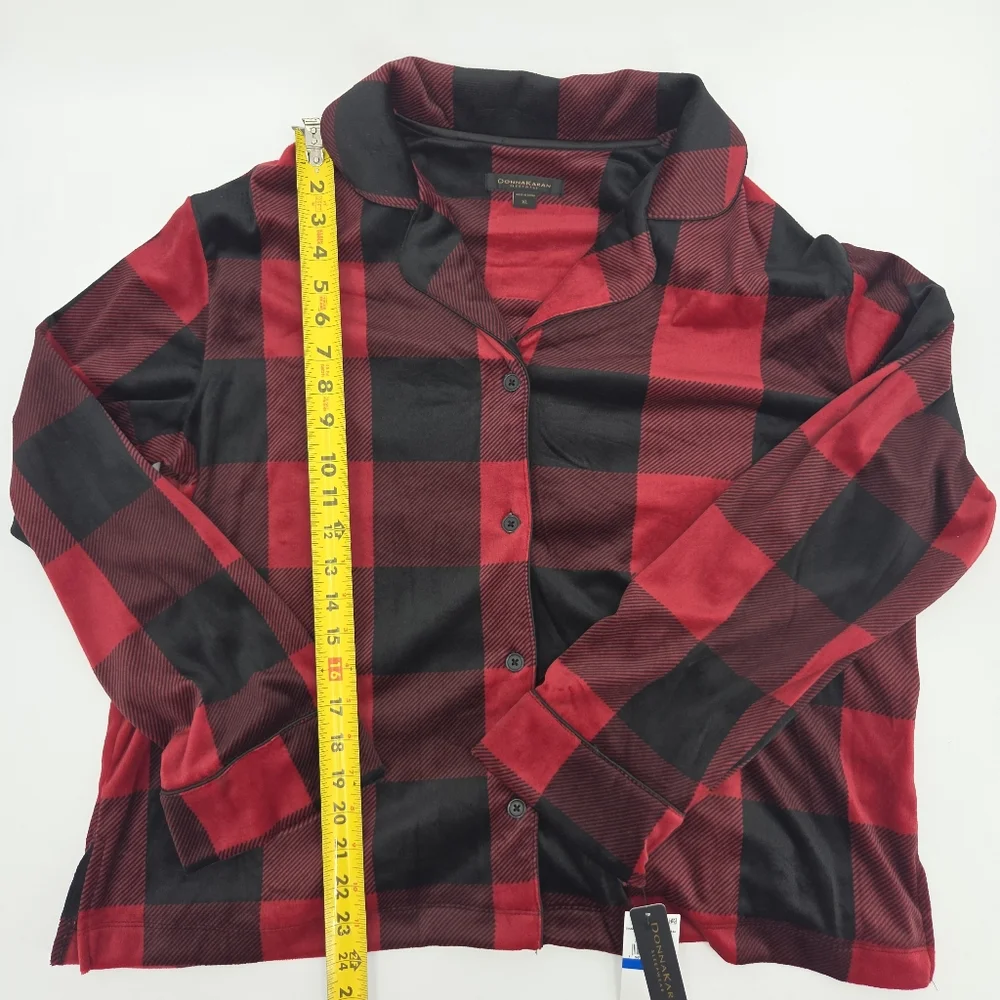 Donna Karan 2 Piece Pajamas Set  Womens Size XL Red Buffalo Plaid Velour Preppy
